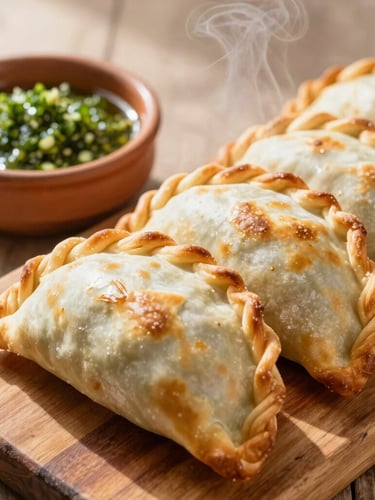 A close-up portrait of golden-brown, freshly baked empanadas with crimped edges, steam gently rising, resting on a rustic wooden board next to a small terracotta dish of chimichurri, warm morning light.