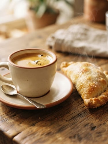 Close-up macro shot of a perfectly poured espresso with rich crema next to a steaming, golden-brown empanada on a wooden table, warm morning daylight, shallow depth of field.