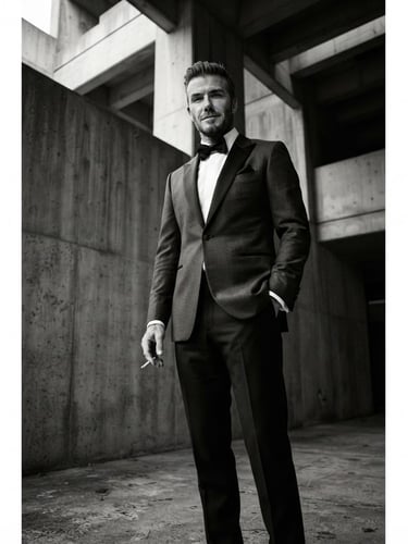 Low-angle editorial portrait of a man in a perfectly tailored charcoal tuxedo, standing in a minimalist concrete architectural space, dramatic side lighting, deep shadows, rich monochromatic tones.