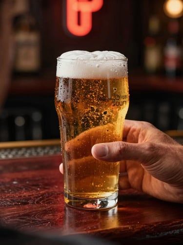 Tight over-the-shoulder shot of a hand holding a condensation-beaded pint glass of amber beer over a dark mahogany bar counter, warm dim neon glow in background.