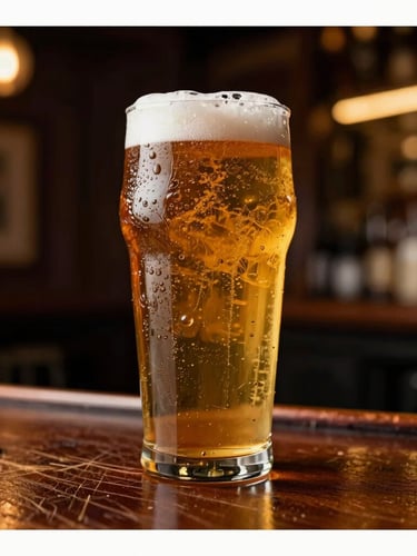 A tall portrait shot of a condensation-covered pint of amber beer resting on a heavily scratched dark mahogany bar, warm dim background lighting with a soft neon glow