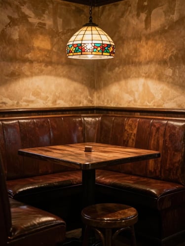 A warm, atmospheric portrait of a corner booth in a historic tavern, soft amber light from a stained glass lamp, empty stool invitingly pulled out.