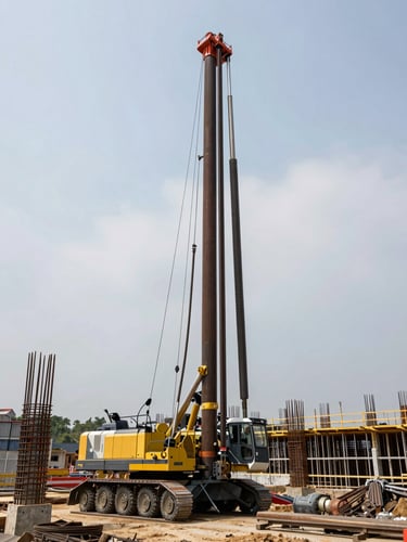 Tall portrait framing of a large rotary piling rig at full mast height on an active construction site, drill string extended, operator cab visible, surrounding site context showing excavated earth and steel rebar cages staged nearby, overcast daylight, no staging or studio setup