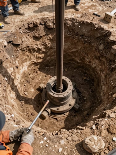 Tight overhead angle looking straight down into an active bore collar, drill string centered in frame, excavated clay spoil piled at the rim, a crew member's gloved hands steadying a survey rod at the edge, daylight casting hard shadows across the pit floor, raw earth texture dominant