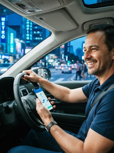 Motorista local sorrindo dentro de um carro moderno, em luz natural vibrante, com tons de azul e ciano da cidade ao fundo. Smartphone com o app Me leva na mão.