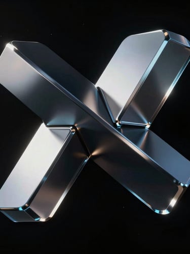 Sleek 3D render of abstract metallic and glass geometric structures floating in deep space, dramatic studio lighting, sharp reflections, dark background, 8k