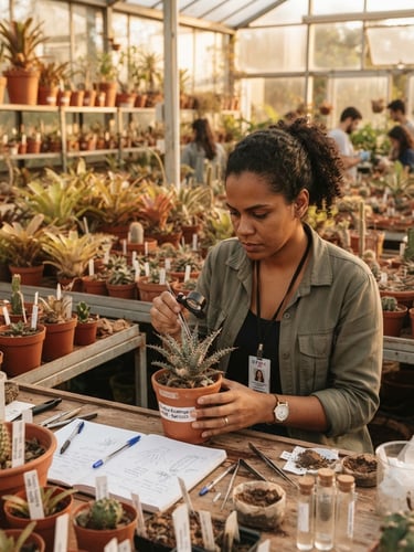 Warm editorial photography of a Brazilian biology researcher analyzing native semi-arid plant specimens in a university greenhouse, natural golden hour sunlight, terracotta tones, 35mm documentary style