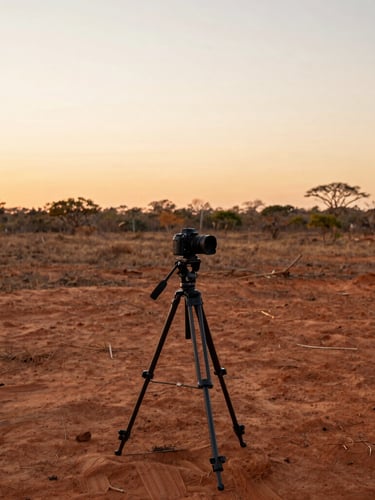 A professional camera on a tripod overlooking a vast dry forest landscape of Paraíba at sunset, soft golden hour lighting, warm terracotta tones, documentary style
