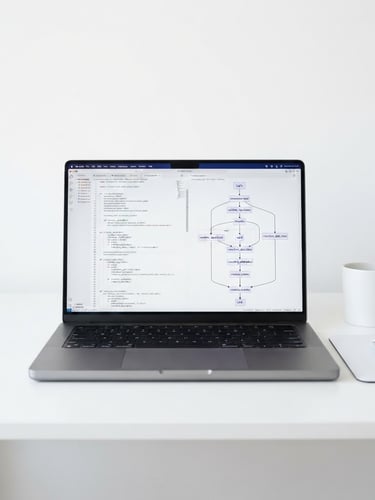 A bright high-key product photography shot of a minimalist workspace, an open laptop displaying clean code and logic flows on a white desk, soft diffused studio light, 50mm lens