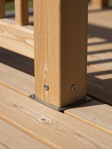 Close-up of a custom pressure-treated deck railing post base where the post meets the decking boards, visible lag bolt hardware and tight wood-to-wood contact, natural afternoon light raking across the grain of the boards to reveal texture, no people, no furniture — the precision of the fastening detail is the subject