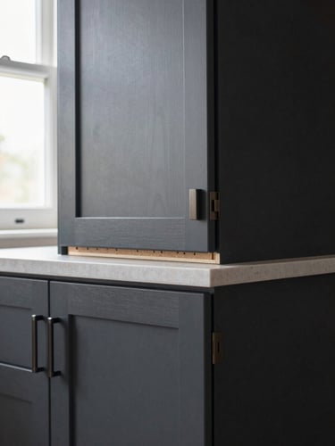 Close-to-medium shot of completed kitchen cabinetry installation, upper and lower cabinets in a deep slate finish with brushed hardware, natural light from a window to the left illuminating the countertop edge and revealing the precision of door alignment and joinery, no people, shot from approximately two feet from the cabinet face