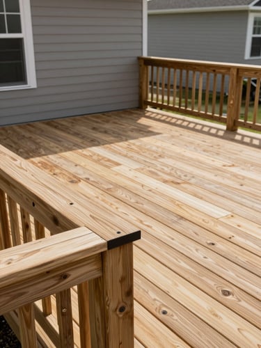 Wide shot of a newly completed residential deck with pressure-treated lumber and composite decking surface, deck railing detail visible in the foreground showing clean post-to-rail joinery, natural daylight casting soft shadows across the boards, exterior house siding freshly installed in the background, no people, shot from deck level looking along the length of the structure