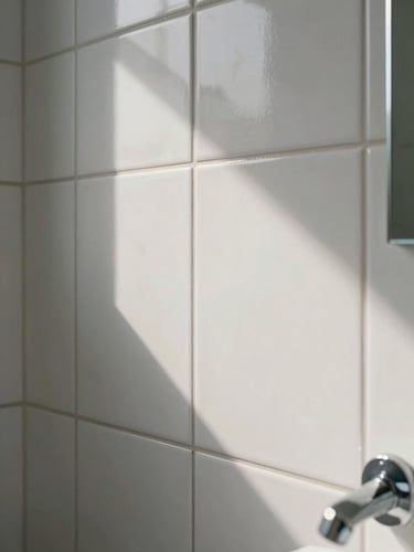 Close-up of a completed bathroom wall, large-format porcelain tile set in tight grout lines, natural daylight from an unseen window raking across the surface to reveal the precision of each joint, a polished chrome fixture visible at the right edge, shot from 18 inches away to make the finish quality unmistakable