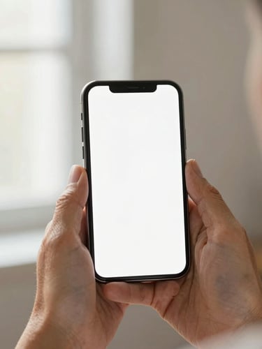 Close-up of warm, wrinkled hands holding a smartphone with a clean, high-contrast interface, soft natural window light, gentle depth of field, 35mm lens