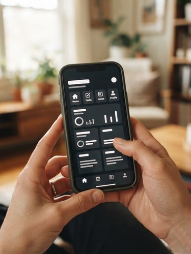 Close-up of hands holding a smartphone displaying the AKSWELL high-contrast, simplified interface, with a warm, soft-focus background of a sunlit living room, natural window light.