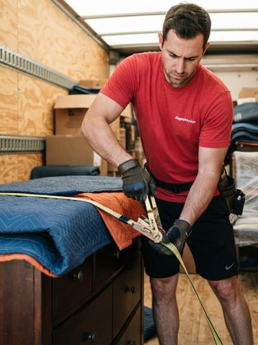 Professional RapidMotion mover securing furniture inside a clean, branded moving truck, red shirt, black shorts, bright natural daylight, high contrast, focused on careful hand placement.