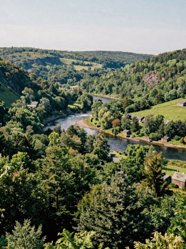 Wide-angle panoramic editorial landscape of the lush Falmouth countryside and Avon River valley in Nova Scotia, bright morning daylight, rich green hills, negative space on the left, 35mm