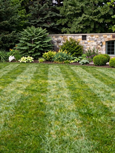 Premium editorial photography of a perfectly striped green lawn and manicured garden beds in Windsor, Nova Scotia, bright morning daylight, 35mm