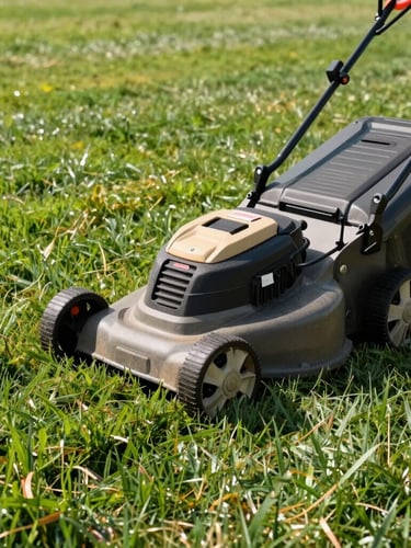 Close-up of a commercial lawn mower cutting clean, crisp stripes into lush green grass under bright morning light.