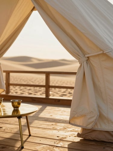 Intimate close-up of a hand-stitched canvas luxury tent's private wooden deck, a low brass tea table with two empty cups, warm golden hour light casting long shadows of the wooden railing onto the sand dunes beyond.