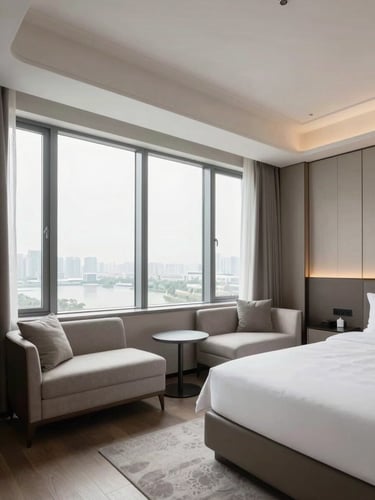 Crisp architectural photography of a newly installed luxury hotel guestroom, showing perfectly aligned modern furniture and bright natural window light.