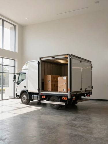 Wide-angle architectural shot of a clean, organized hotel unloading bay, a delivery truck with open doors revealing neatly stacked crates, morning light.
