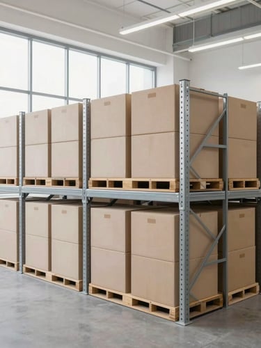 Organized warehouse racking with stacked crates, bright clean architectural lighting, desaturated tones, structured lines