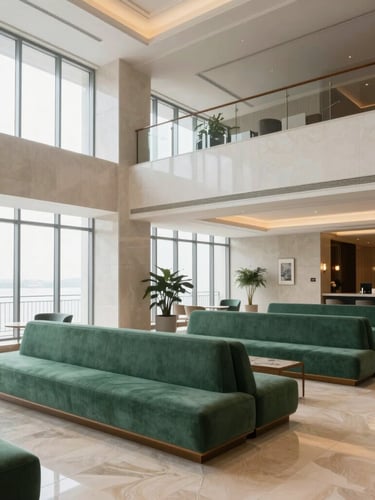 Wide-angle architectural photograph of a pristine luxury hotel lobby with structured emerald seating and polished stone floors under bright natural window light.