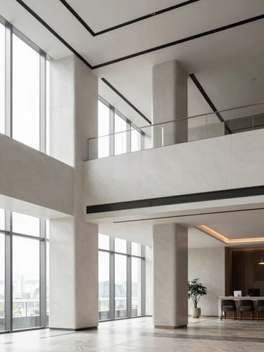 Crisp architectural photography of a modern luxury hotel lobby, clean structured lines, bright natural window light, desaturated tones