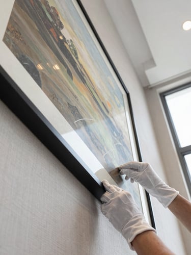 Close-up of hands in white gloves precisely aligning a large framed painting on a textured hotel wall, bright architectural lighting.
