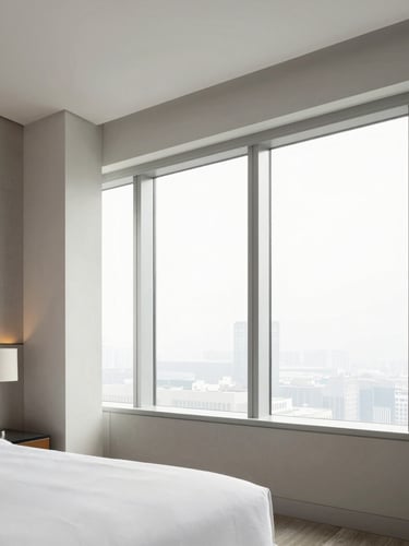 Crisp architectural photography of a pristine luxury hotel suite, bright natural window light, clean structured lines, desaturated tones.