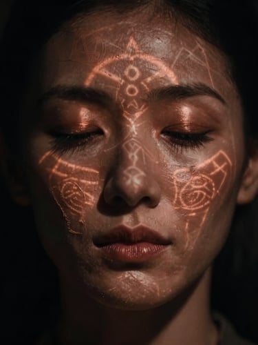 Close-up of a serene face in deep meditation, subtle sacred geometry patterns projected in warm copper light on the skin, dark moody atmosphere.
