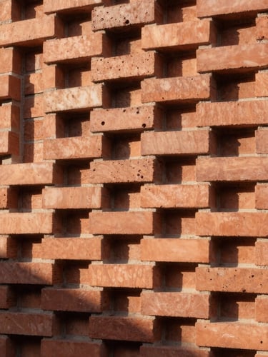 Tactile architectural close-up of a modern brick facade, structural terracotta blocks aligned in a clean geometric pattern, soft morning sunlight casting long shadows.