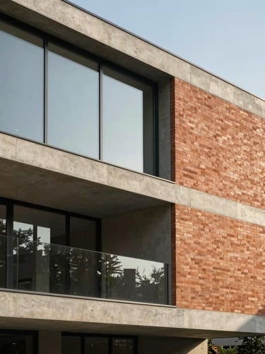 Modern concrete and glass house facade, clean lines, warm daylight hitting a terracotta brick wall on the side, minimalist architectural detail, wide-angle shot.