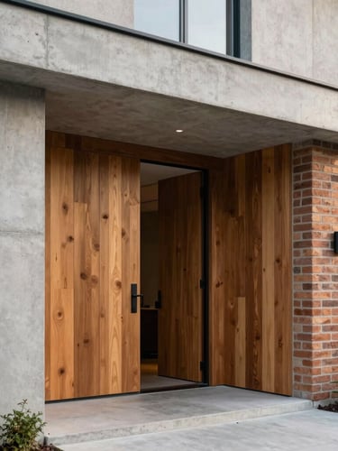 Medium-wide environmental shot of a modern house entrance with concrete walls, warm wood panels, and a structural brick column, captured in soft morning daylight, clean lines, architectural stability.