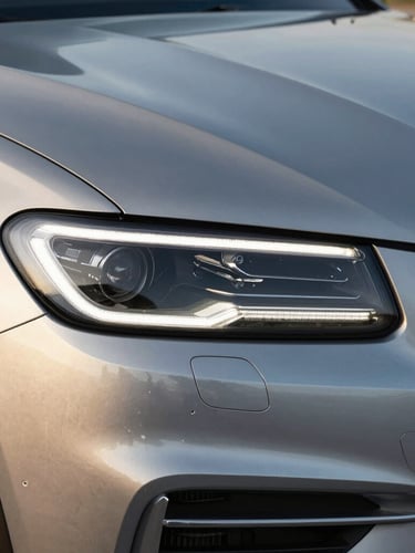 Close-up of a premium modern vehicle headlight and clean metallic body panel, reflecting soft natural morning light, elegant and precise design lines