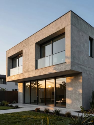 Modern architectural concrete home facade at golden hour, sharp geometric lines, warm sunlight reflecting on large glass windows, minimalist landscaping, wide shot.