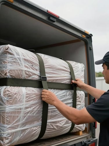 Close detail of crew hands securing a wrapped piece of furniture with heavy-duty cargo straps inside a truck, overcast natural light from the truck's open rear, moving blankets visible around the item, documentary style with no staging