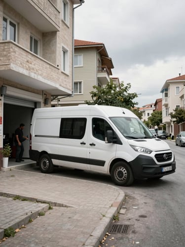 Wide environmental shot, overcast Turkish daylight, a white moving van parked close to a residential apartment building entrance in Istanbul, crew member visible at the van's open rear doors, building facade and pavement providing context, no staging