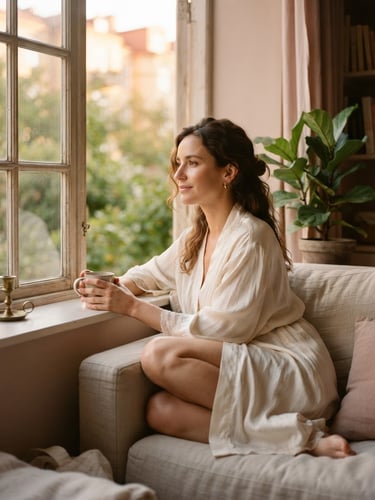 A woman in a softly lit cream silk robe sitting by a window in golden hour, warm editorial photography, 35mm.