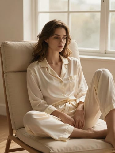 A woman sitting thoughtfully on a minimalist beige lounge chair, wearing a draped cream silk pajama set, warm morning window light, editorial fashion photography style.