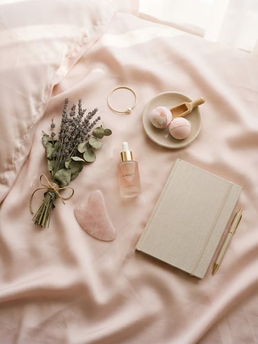 Elegant minimalist flat-lay of pastel-colored wellness objects on silk sheets, soft morning daylight, warm shadows, clean composition, 35mm