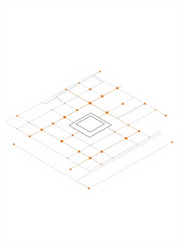 Minimalist isometric blueprint diagram of an enterprise AI workflow interface, clean slate lines, subtle orange connector nodes, high-key white background.