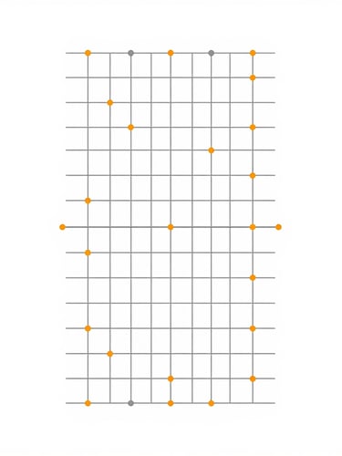 A clean vector illustration of a minimalist architectural grid, sharp slate lines with subtle orange connector nodes on a high-key white background, flat-lay diagram style