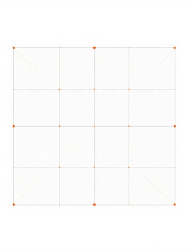 Minimalist blueprint geometry with precise architectural grid lines and subtle orange connector nodes on a high-key white background, showcasing a structured software system layout.