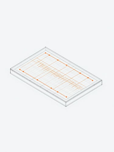 Minimalist architectural blueprint of a software system, clean vector lines on a high-key light gray background, subtle orange connector nodes showing data flow, technical schematic style