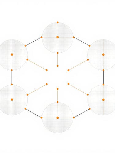 A crisp, flat-lay minimalist diagram showing data pipelines flowing into structured neural network nodes, precise slate lines with orange accent points, clean white background.