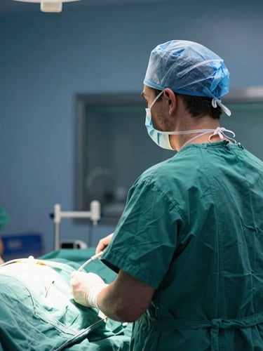 European doctor in green surgical scrubs, seen from behind, looking into an operating room through a glass panel, soft diffused light, high contrast, clinical editorial photography.