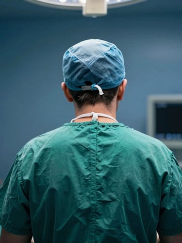 European medical doctor in green surgical scrubs, seen from behind, in a sterile operating room environment, soft diffused clinical light, deep blue and forest green tones, over-the-shoulder perspective, 35mm