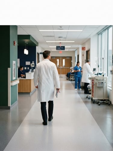 Wide panoramic hospital corridor, a European medical doctor in a white coat walking away, seen from behind, soft clinical light, deep blue and forest green tones, over-the-shoulder perspective, 35mm